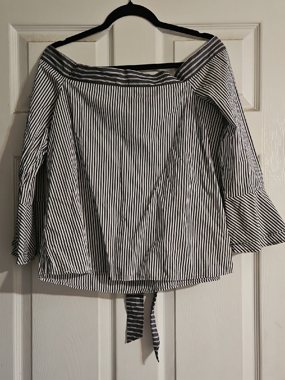 LOFT Charcoal Gray and White Striped Off-Shoulder Blouse
